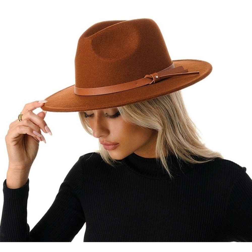Large Wide Brim Felt Fedora Panama Cowboy Girl Hat Casual Jazz Cap Women Brown